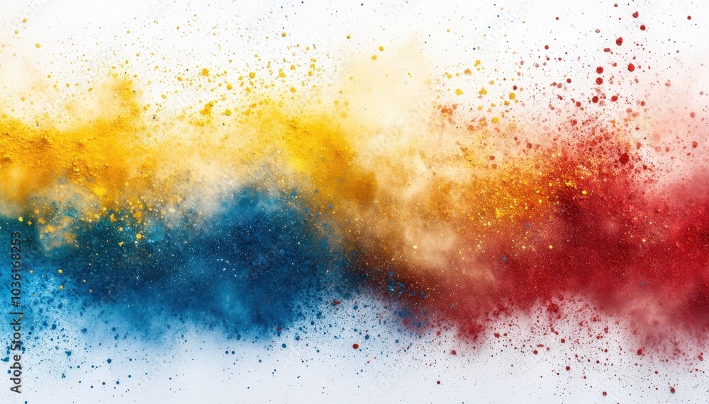 Vibrant clouds of colored powder swirl artistically against a white background Vibrant clouds of colored powder swirl artistically against a white background