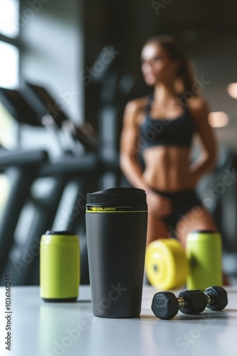 Fitness enthusiast exercises in a gym with colorful equipment and a digital w...