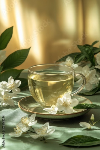 Refreshing glass of water with jasmine flowers on a table in soft natural light