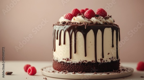 Decadent chocolate cake topped with raspberries and cream in a soft pastel se...
