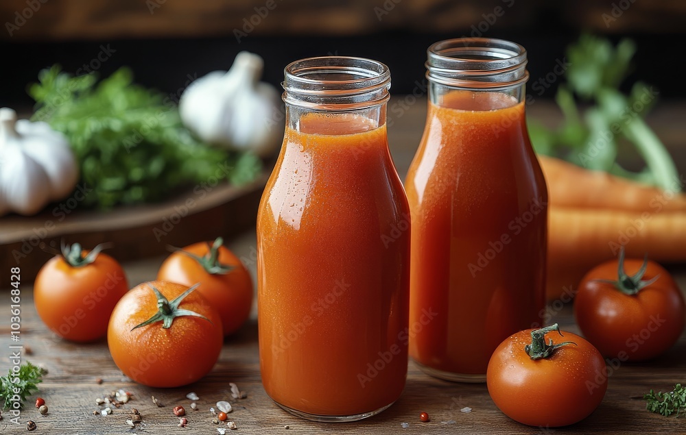 Fresh tomatoes and spicy sauce displayed on a wooden board in a kitchen setting Fresh tomatoes and spicy sauce displayed on a wooden board in a kitchen setting