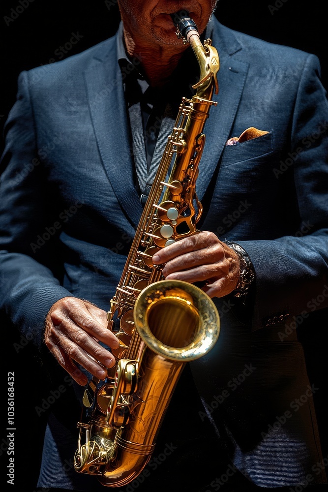 Obraz premium Saxophonist performing passionately on stage during a jazz concert under soft lighting