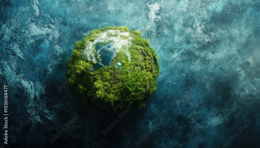Aerial view of a lush green planet floating in a deep blue ocean landscape Aerial view of a lush green planet floating in a deep blue ocean landscape