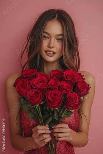 Young woman in red dress holding roses against a pink background during a pho...