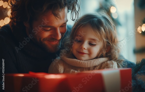 Father and daughter share a joyful moment while unwrapping a holiday gift in ...
