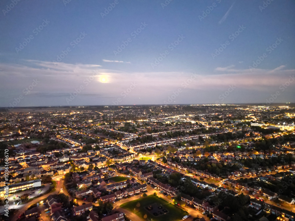 Aerial View of Illuminated Luton City of England UK at Just After Sunset and Full Moon Night. Aerial Footage Was Captured with Drone's Camera on October 17th, 2024 Aerial View of Illuminated Luton City of England UK at Just After Sunset and Full Moon Night. Aerial Footage Was Captured with Drone's Camera on October 17th, 2024