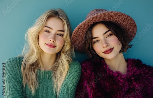 Two young women in stylish hats pose in front of a blue wall on a sunny day