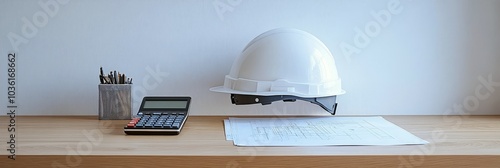 Construction planning tools and safety gear arranged on a wooden work desk du...