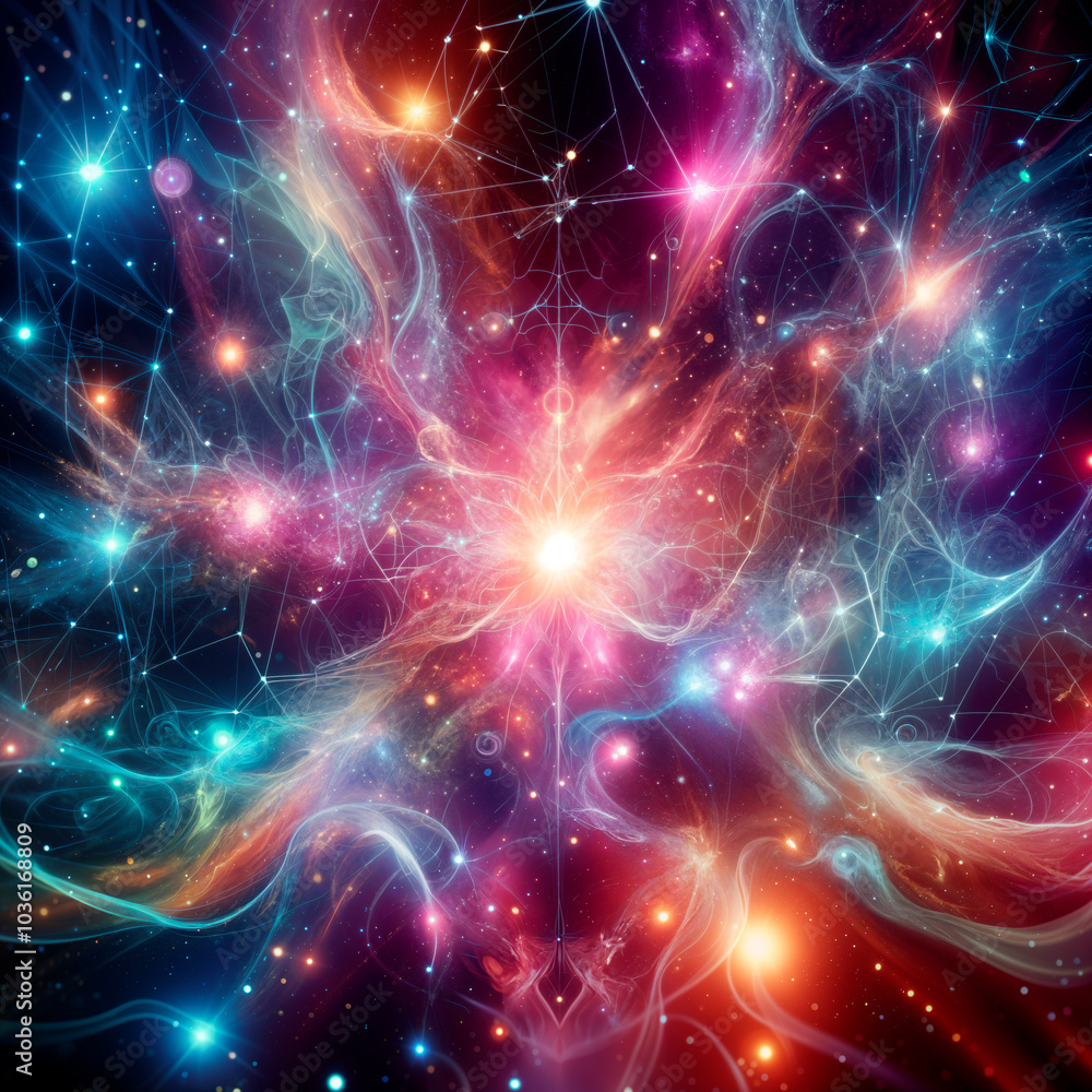 Fototapeta premium Abstract multicolor background. Connected dots. Space, mysticism, mandala, neural network.