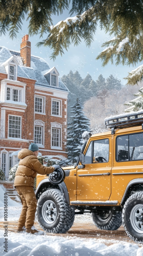 Obraz premium A person dressed for winter is kneeling on a snowy street, fixing the wheel of a car while the city looms in the background