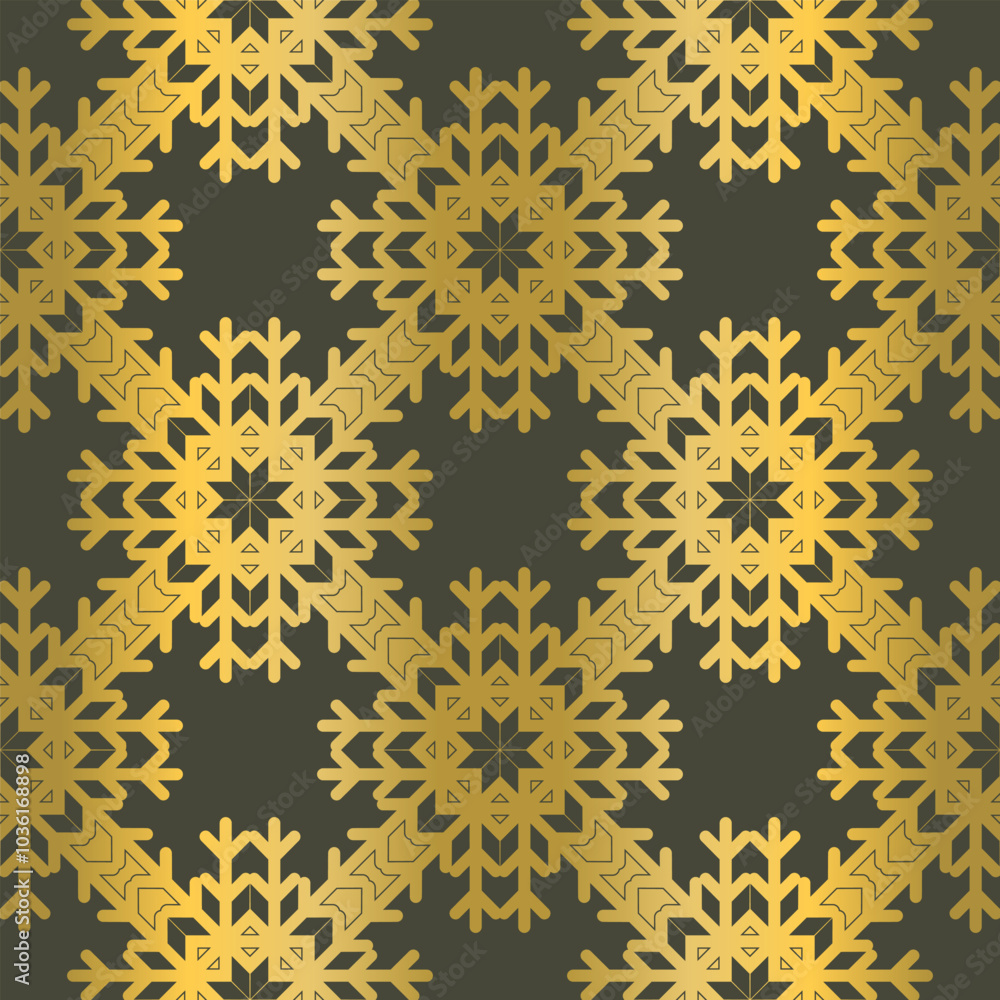 Seasonal gold seamless snowflake texture on dark olive green background. Elegant gold foil vector pattern for banners, greeting cards, Christmas and New Year cards, invitations and paper packaging. Seasonal gold seamless snowflake texture on dark olive green background. Elegant gold foil vector pattern for banners, greeting cards, Christmas and New Year cards, invitations and paper packaging.