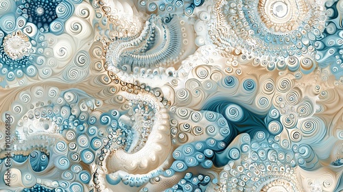  A painting of blue and white swirls and bubbles on a white and blue background, with a central spiral design