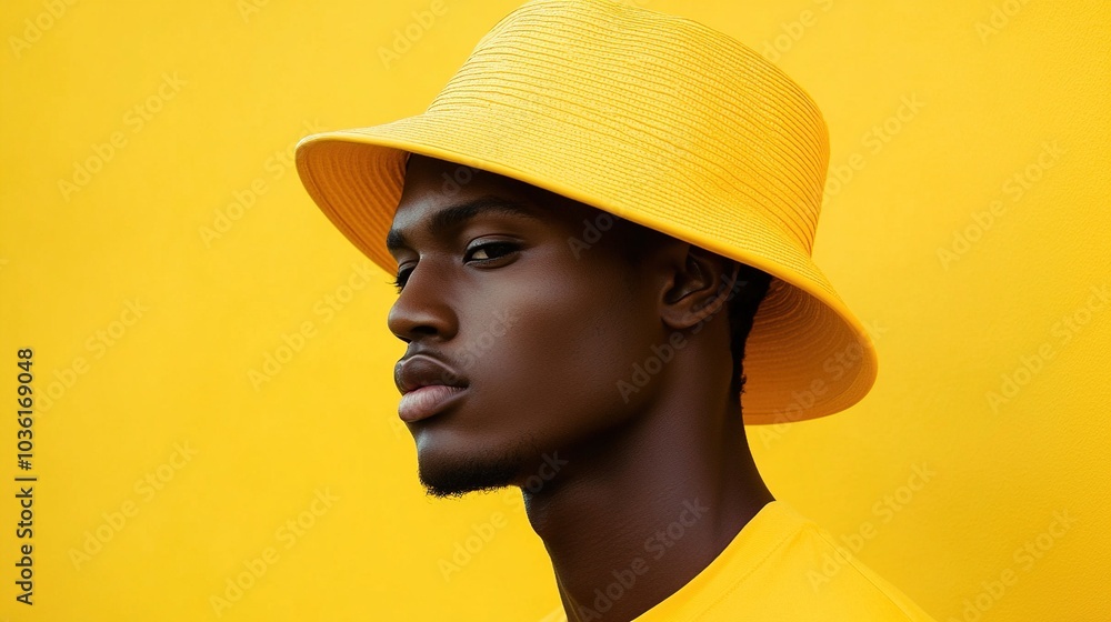 Sunshine Vibes: Man's Yellow Bucket Hat Mockup for Bold Fashion Sunshine Vibes: Man's Yellow Bucket Hat Mockup for Bold Fashion