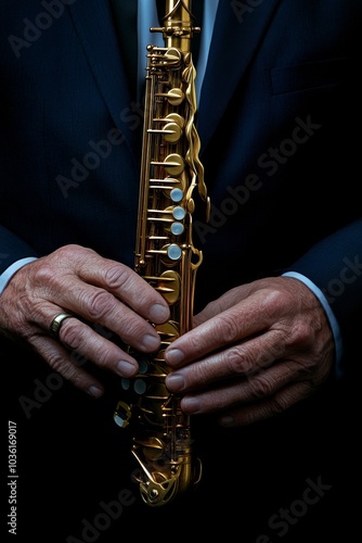 Saxophonist performing passionately on stage during a jazz concert under soft...