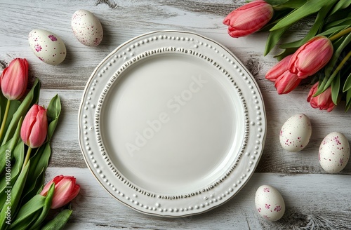 Festive Easter table setting with pink tulips and decorative eggs on a rustic...