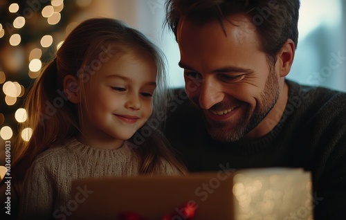 Father and daughter share a joyful moment while unwrapping a holiday gift in ...