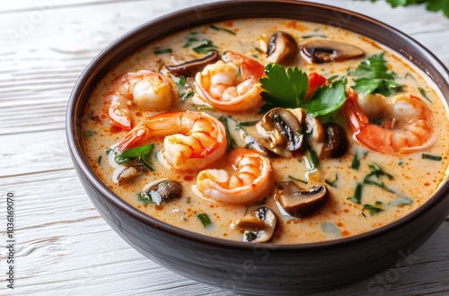 Delicious shrimp soup featuring mushrooms and herbs served in a rustic bowl o...