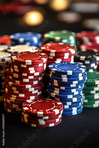 Colorful casino chips and playing cards laid out for an exciting poker game a...