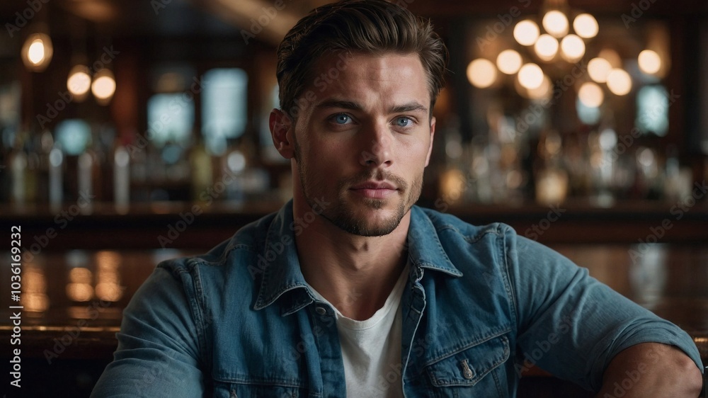 Handsome muscular brunette man poses confidently in a cozy bar setting on a vibrant evening.