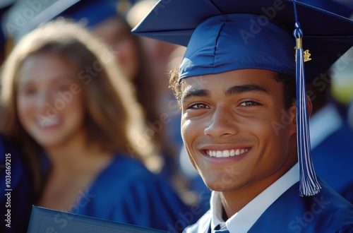 Proud graduate celebrating academic achievement in a joyful graduation ceremo...