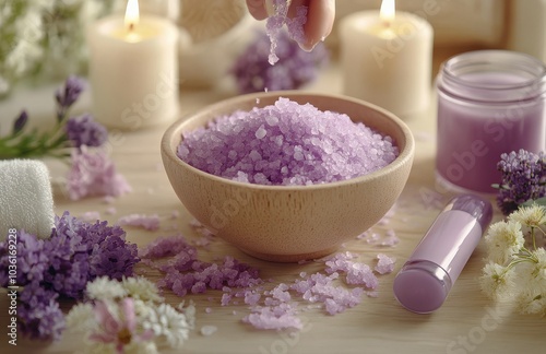 Spa day preparation with lavender bath salts and candles for a relaxing exper...