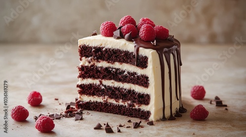 Decadent chocolate cake topped with raspberries and cream in a soft pastel se...