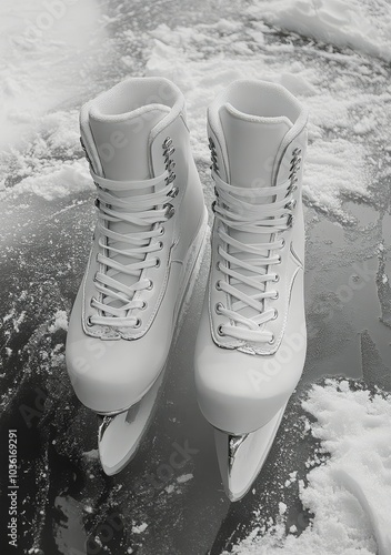 Bright white ice skates gliding on smooth ice in an indoor rink during a wint...