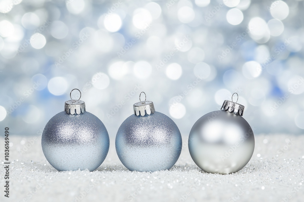 banner minimal Christmas background, festive design sparkling lights, silver Christmas tree toy balls, copy space for text, greeting card