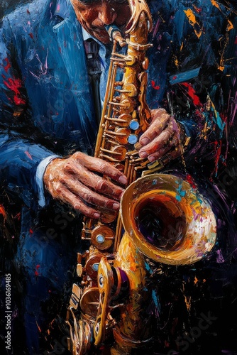 Saxophonist performing passionately on stage during a jazz concert under soft...