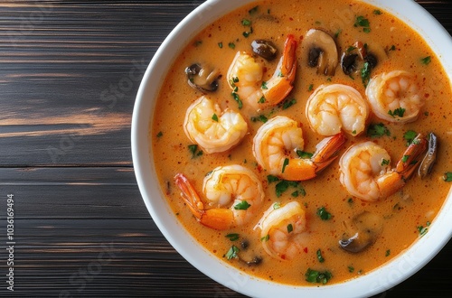 Delicious shrimp soup featuring mushrooms and herbs served in a rustic bowl o...