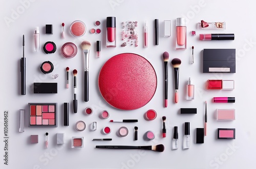 A vibrant arrangement of makeup products arranged neatly on a white backgroun...