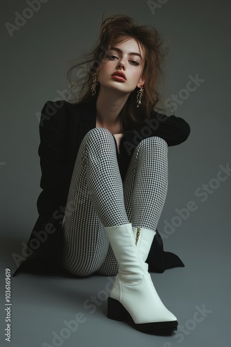 A fashionable model poses in stylish checked leggings and white ankle boots a...