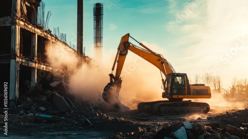 A dynamic shot of a demolition crew using heavy machinery to dismantle an old industrial structure amidst clouds of dust, Demolition site scene, Controlled destruction style