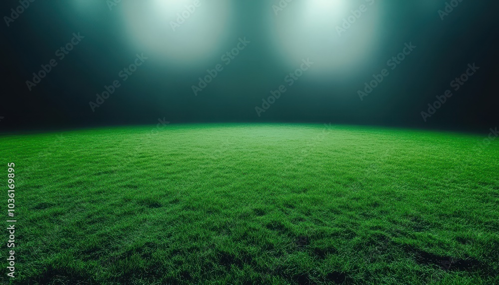 Obraz premium Brightly lit green grass field under stadium lights at night during a sports event