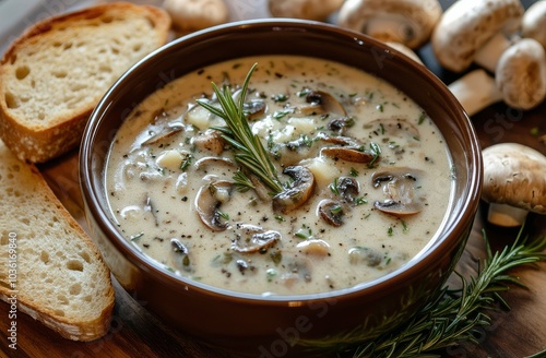 Creamy mushroom soup served with crisp toasted bread and fresh herbs on a woo...