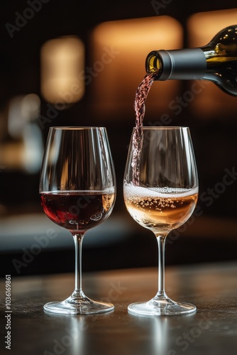 Pouring sparkling rose into elegant glass alongside a glass of sparkling wine...