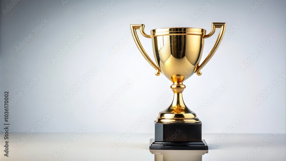 Golden award trophy is standing on a white surface with a grey background Golden award trophy is standing on a white surface with a grey background