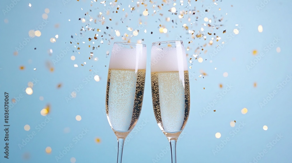 Two champagne glasses clinking, surrounded by golden sparkles and confetti, festive celebration theme, elegant and joyful toast, bright blue background, modern and stylish
Two champagne glasses clinking, surrounded by golden sparkles and confetti, festive celebration theme, elegant and joyful toast, bright blue background, modern and stylish