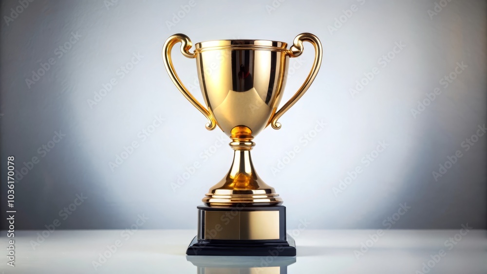 Golden award trophy is standing on a white surface with a grey background Golden award trophy is standing on a white surface with a grey background