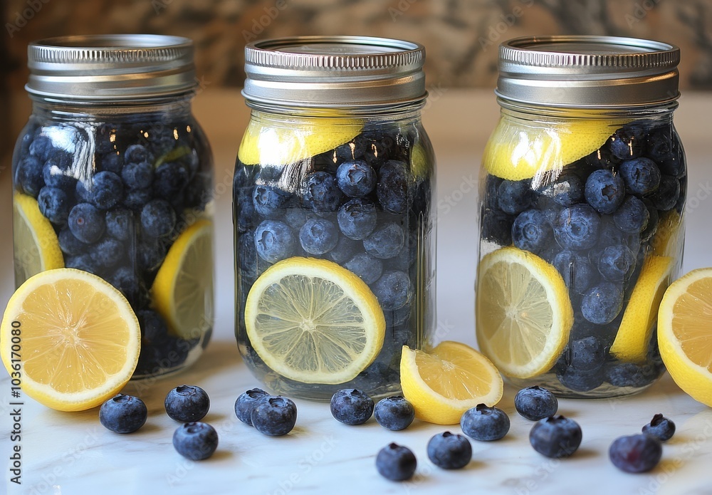 Refreshing jars of blueberries and lemons prepared for a summer treat in a cozy kitchen Refreshing jars of blueberries and lemons prepared for a summer treat in a cozy kitchen