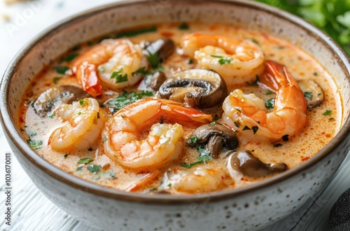 Delicious shrimp soup featuring mushrooms and herbs served in a rustic bowl o...