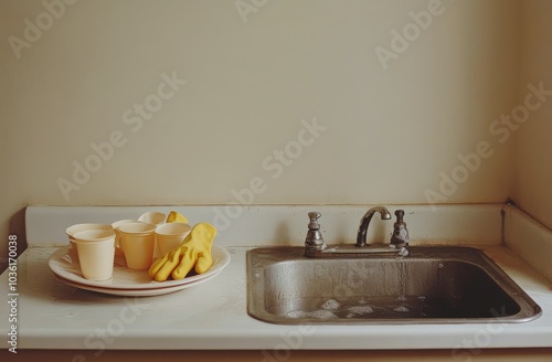 Cleaning gloves and containers next to an empty kitchen sink on a sunny day