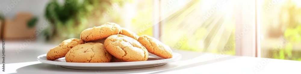Warm cookies bask in sunlight on a white plate, inviting a cozy afternoon treat, AI Warm cookies bask in sunlight on a white plate, inviting a cozy afternoon treat, AI