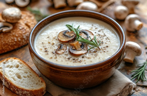 Creamy mushroom soup served with crisp toasted bread and fresh herbs on a woo...