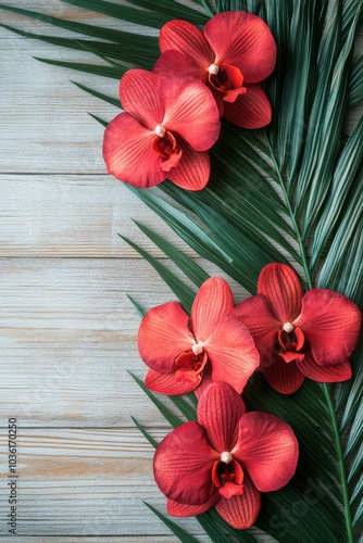 Vibrant red orchids and green palm leaves arranged artistically on a textured...
