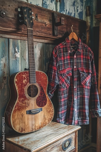 Vintage acoustic guitar and flannel shirt displayed in a rustic cabin setting