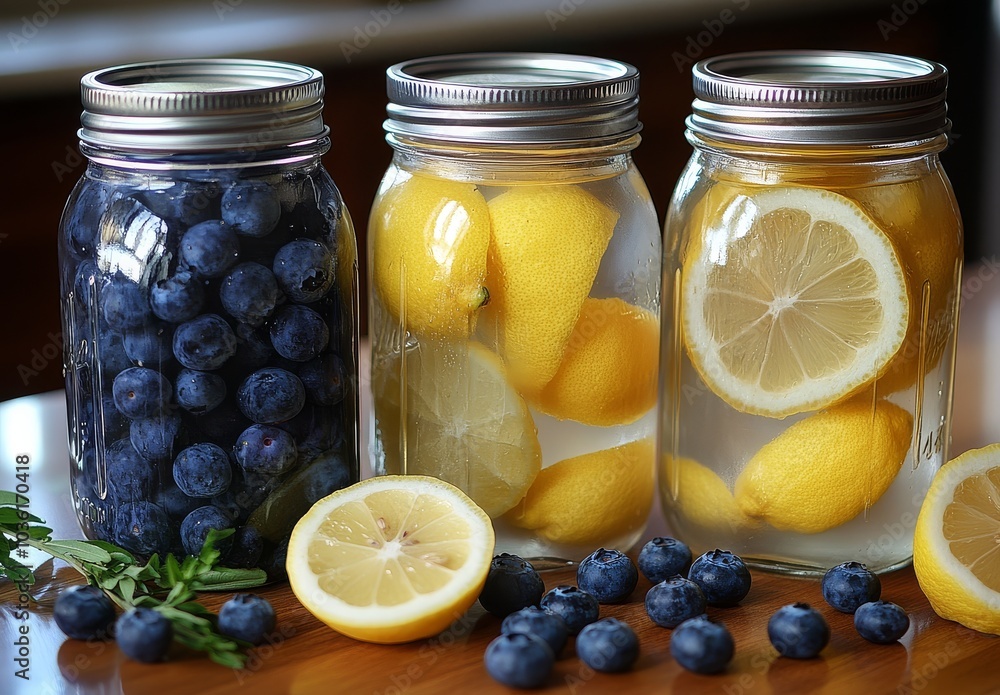 Refreshing jars of blueberries and lemons prepared for a summer treat in a cozy kitchen Refreshing jars of blueberries and lemons prepared for a summer treat in a cozy kitchen
