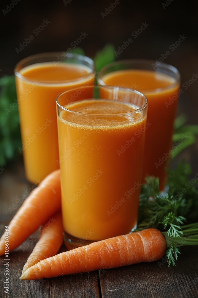 Freshly prepared carrot juice served in glasses with vibrant carrots and greens on a rustic surface Freshly prepared carrot juice served in glasses with vibrant carrots and greens on a rustic surface