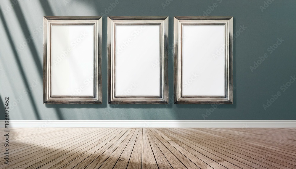 Clean gallery mockup with empty frames in modern interior space. 3D Rendering Clean gallery mockup with empty frames in modern interior space. 3D Rendering