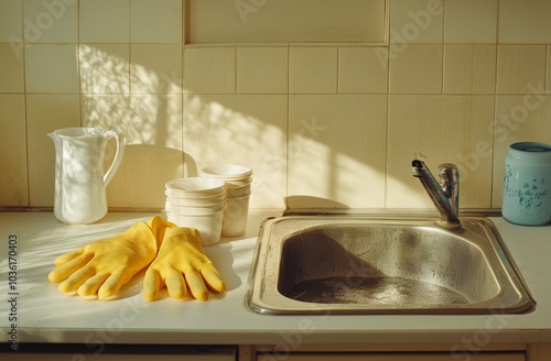 Cleaning gloves and containers next to an empty kitchen sink on a sunny day